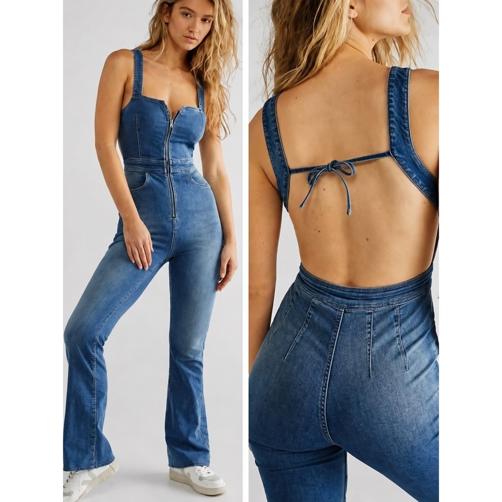 We The Free Free People Denim Flare Jumpsuit Zip Front Open Back Blue Size 12